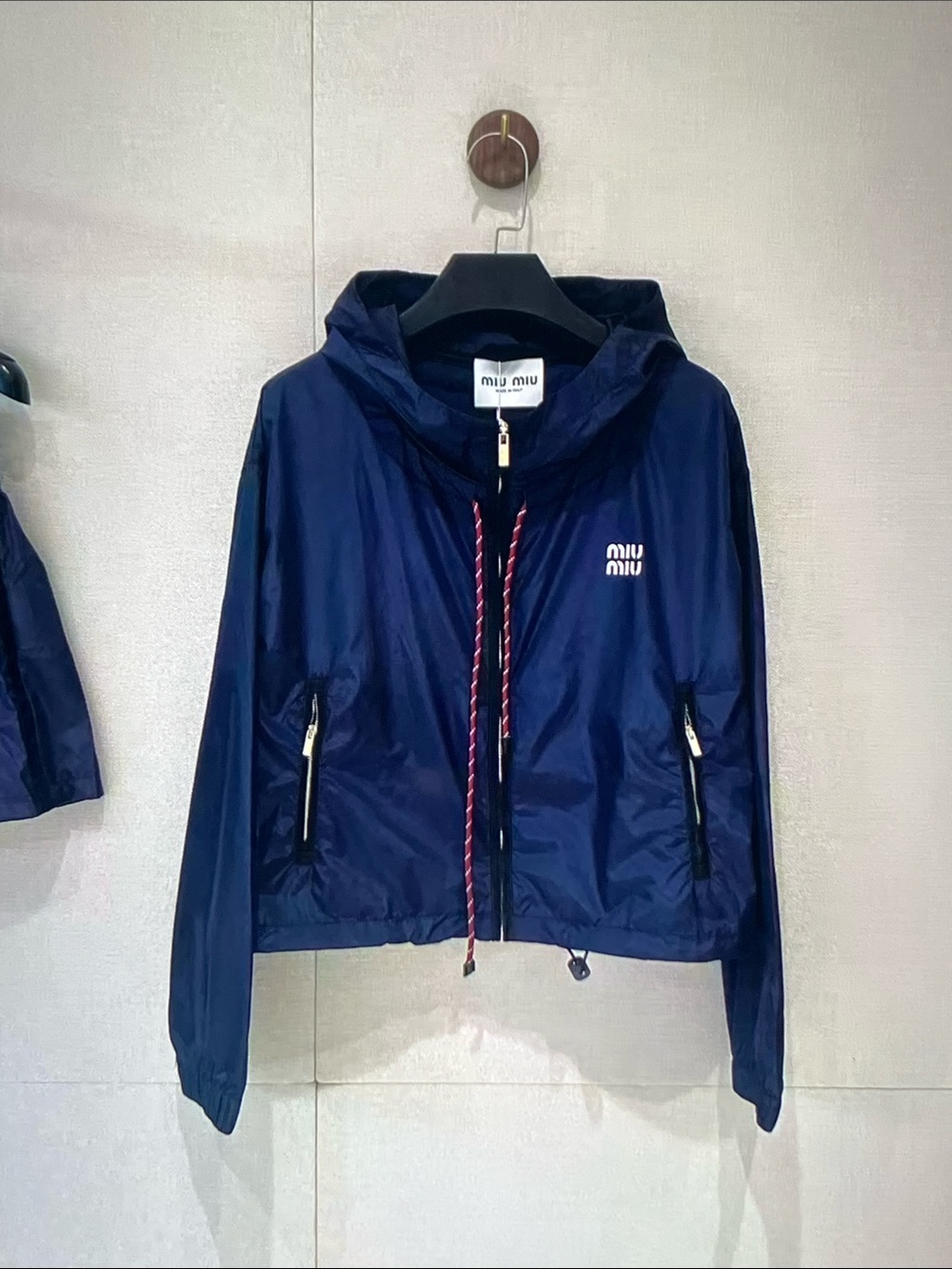 Miu Miu Navy Hooded Bomber Jacket with Contrast Drawcord